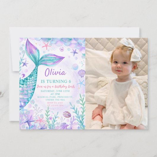 魔法の人魚のテールバースデーパーティーの写真 招待状 (正面)