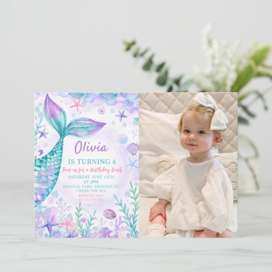 魔法の人魚のテールバースデーパーティーの写真 招待状 (スタンド正面)