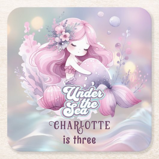魔法の人魚の子供の誕生日パーティー スクエアペーパーコースター (正面)