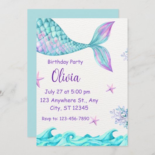魔法の人魚の尾の誕生日パーティー招待状 招待状 (正面/裏面)