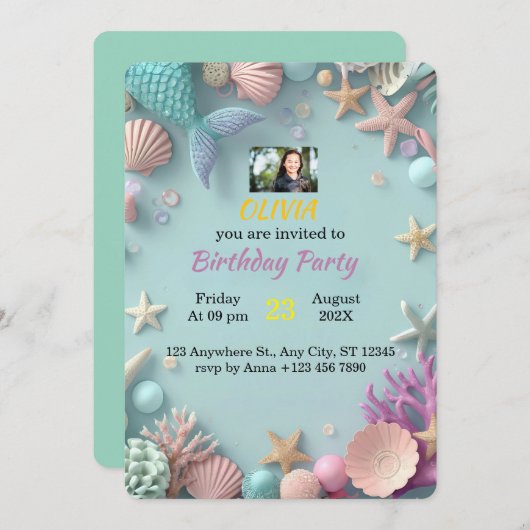 魔法の人魚の誕生日パーティーの招待 | アザ 招待状 (正面/裏面)