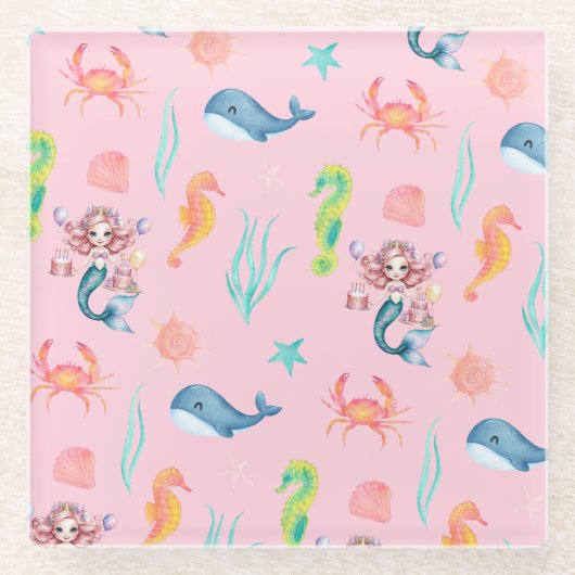 魔法の人魚ホエールレインボー誕生日ガールパーティー ガラスコースター (正面)