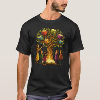 魔法の先生と生徒たちが本を読む知識の樹木アート Tシャツ