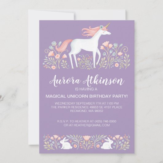 魔法の写真ユニコーン誕生日パーティー 招待状 (正面)