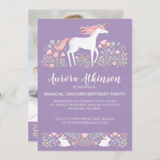 魔法の写真ユニコーン誕生日パーティー 招待状 (正面/裏面)