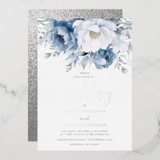 魔法の冬のシーズンほこりっぽい青結婚の銀 箔招待状 (正面/裏面)