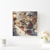 魔法の冬のワンダーランドのクリスマストレイン スクエア壁時計 (ホーム)