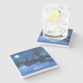 魔法の冬の夜、星空と満月 ストーンコースター (横)