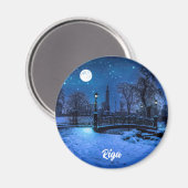 魔法の冬の夜、星空と満月 マグネット (正面/裏面)