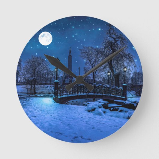 魔法の冬の夜、星空と満月 ラウンド壁時計 (正面)