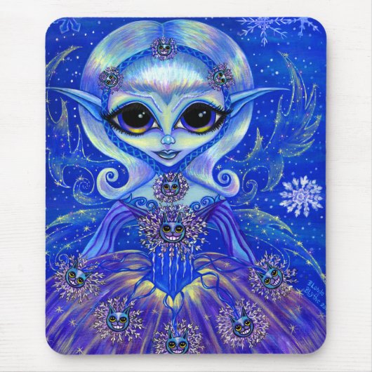 魔法の冬の妖精ガールキャッツ雪の結晶ビッグアイ マウスパッド (正面)