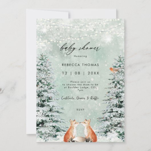 魔法の冬の森のキツネの赤ちゃんシャワー招待状 招待状 (正面)