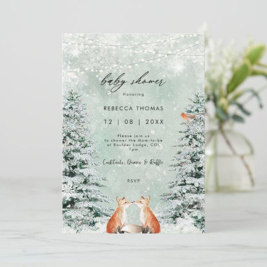 魔法の冬の森のキツネの赤ちゃんシャワー招待状 招待状 (スタンド正面)
