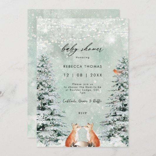 魔法の冬の森のキツネの赤ちゃんシャワー招待状 招待状 (正面/裏面)