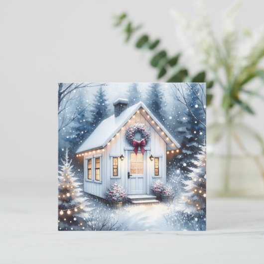 魔法の冬の森のクリスマスに小さな家 シーズンカード (スタンド正面)