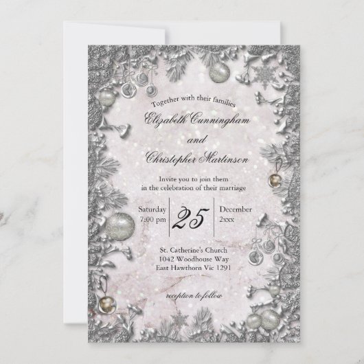 魔法の冬の結婚式のクリスマス 招待状 (正面)