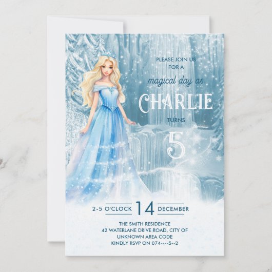 魔法の冬凍ってい雪プリンセス子供の誕生日 招待状 (正面)