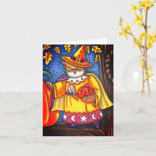魔法の呪文とハロウィンの鳴き声、フクロウの魔法使いメモ カード (黄色い花)