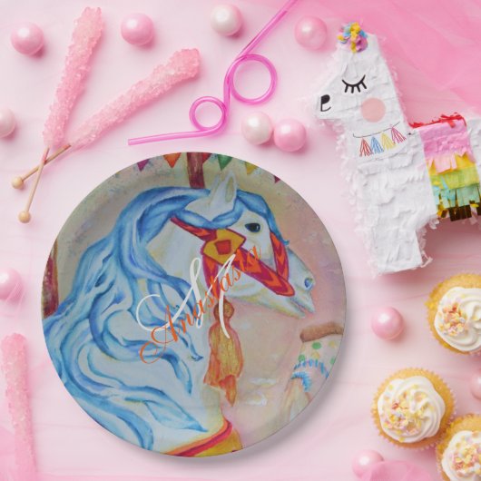 魔法の回転木馬の馬のモノグラムのパーティー ペーパープレート (パーティー)