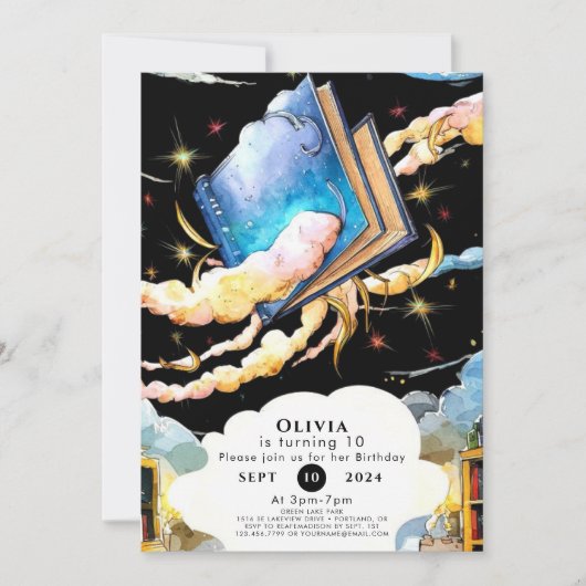 魔法の図書館の楽しいお話しブックの誕生日 招待状 (正面)