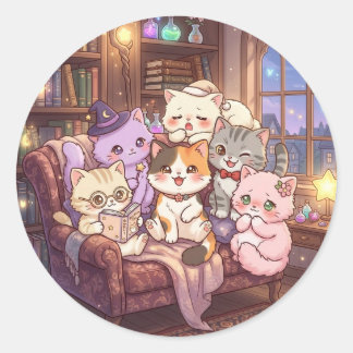 魔法の図書館の猫の友達ステッカー ラウンドシール