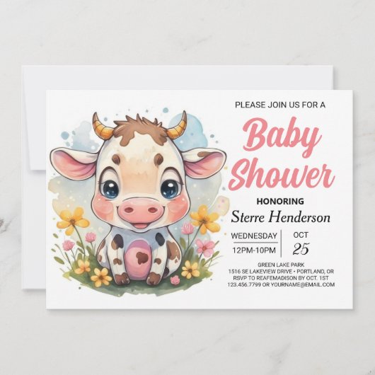 魔法の国の印刷可能な牛の赤ちゃんシャワー 招待状 (正面)