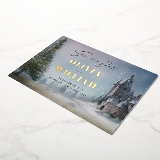 魔法の城おとぎ話の結婚式の日付を保存 箔招待状 (回転した状態)