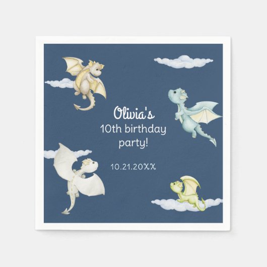 魔法の城かわいいドラゴンキッズブルー誕生日 スタンダードカクテルナプキン (正面)