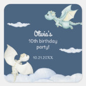 魔法の城かわいいドラゴンズ子供の誕生日ブルー スクエアシール (正面)