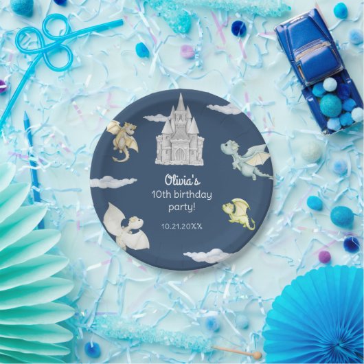 魔法の城かわいいドラゴンズ子供の誕生日ブルー ペーパープレート (パーティー)