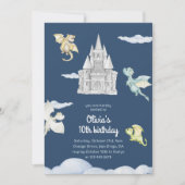 魔法の城かわいいドラゴンズ子供の誕生日ブルー 招待状 (正面)