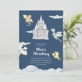 魔法の城かわいいドラゴンズ子供の誕生日ブルー 招待状 (スタンド正面)