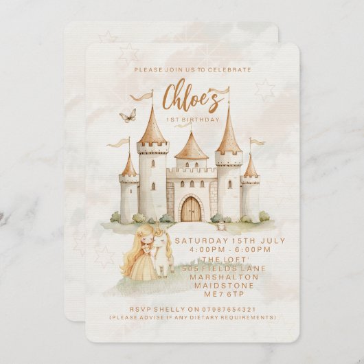 🏰✨ 魔法の城のプリンセス 1歳の誕生日招待状 招待状 (正面/裏面)