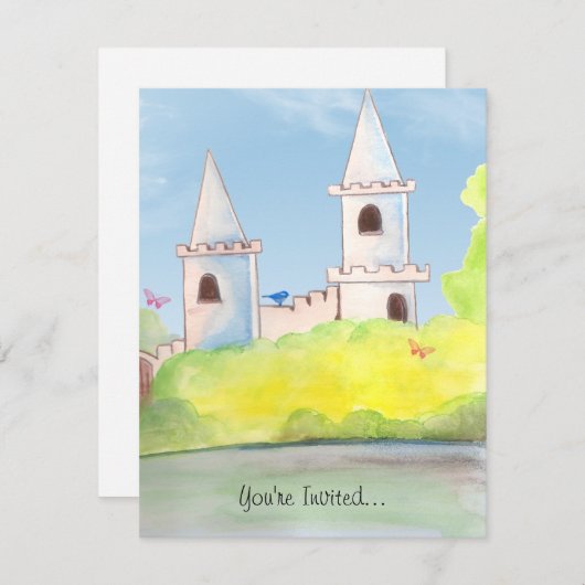 魔法の城の水彩画のパーティの招待状 招待状 (正面/裏面)