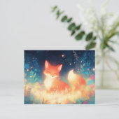 魔法の夜の牧草地に輝く赤いキツネ ポストカード (スタンド正面)