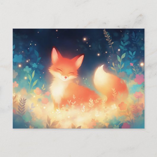 魔法の夜の牧草地に輝く赤いキツネ ポストカード (正面)