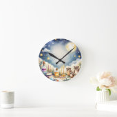 魔法の夜空フクロウ星の水彩ピロー ラウンド壁時計 (ホーム)