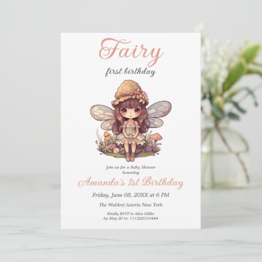 魔法の妖精とマッシュルームの女の子ファースト誕生日 招待状 (スタンド正面)