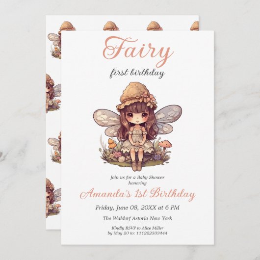 魔法の妖精とマッシュルームの女の子ファースト誕生日 招待状 (正面/裏面)