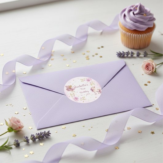 魔法の妖精とユニコーンの女の子の誕生日パーティー ラウンドシール