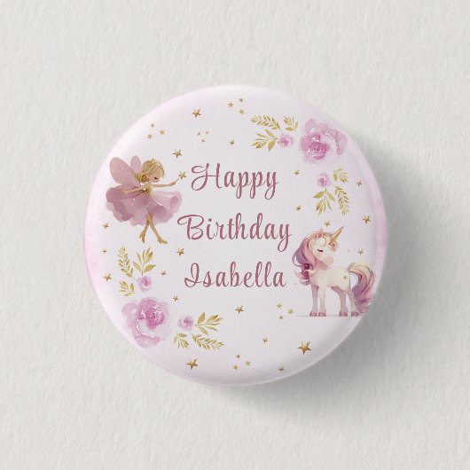 魔法の妖精とユニコーンの女の子の誕生日パーティー 缶バッジ (正面)