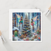 魔法の妖精と小妖精や小人クリスマスツリー カード (正面/裏面インサイチュ)