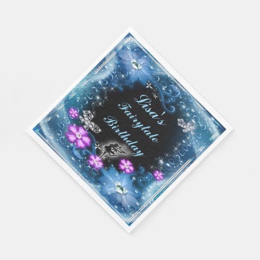 魔法の妖精と蝶ブルーフローラ誕生日 スタンダードランチョンナプキン (角)
