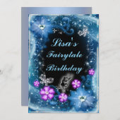 魔法の妖精と蝶ブルーフローラ誕生日 招待状 (正面/裏面)