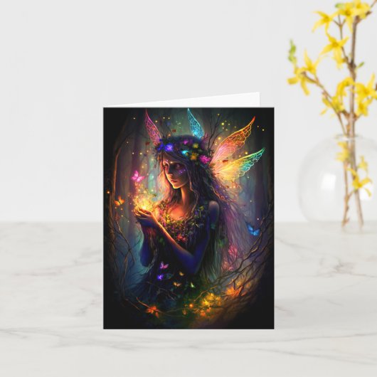 魔法の妖精に魅了された森のファンタジー蝶 カード (黄色い花)