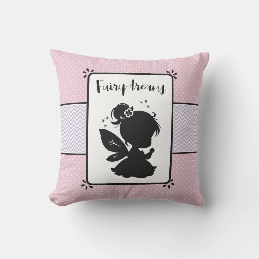 魔法の妖精のシルエット:ピンクの水玉模様の喜び クッション (正面)