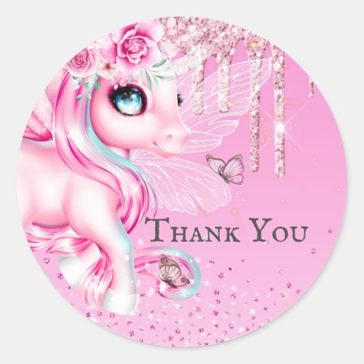 魔法の妖精のユニコーンピンクのグリッター感謝していユー ラウンドシール (正面)