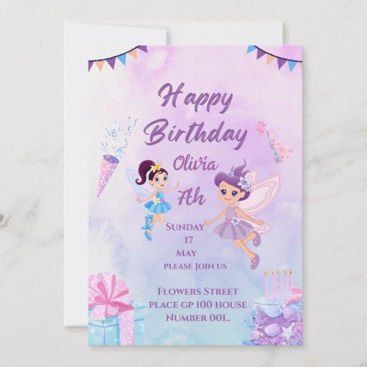 魔法の妖精の女の子のカード 誕生日 招待状 (正面)