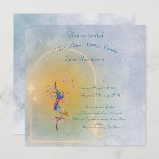 魔法の妖精の庭の誕生日の招待状の子供 招待状 (正面/裏面)