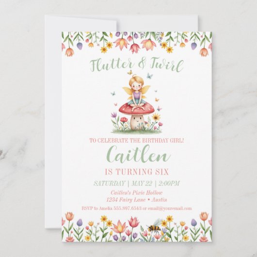 魔法の妖精の庭誕生日キノコの花 招待状 (正面)